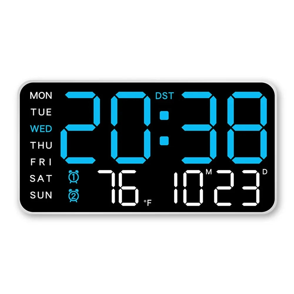 Digital Wall Clock with Date, Week and Temperature Display, 5 Brightness Levels, USB Power, Alarm and Table or Wall Placement - product view 3
