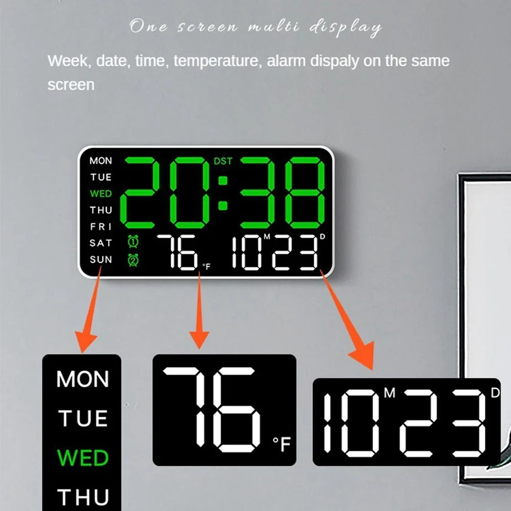 Digital Wall Clock with Date, Week and Temperature Display, 5 Brightness Levels, USB Power, Alarm and Table or Wall Placement - product view 5