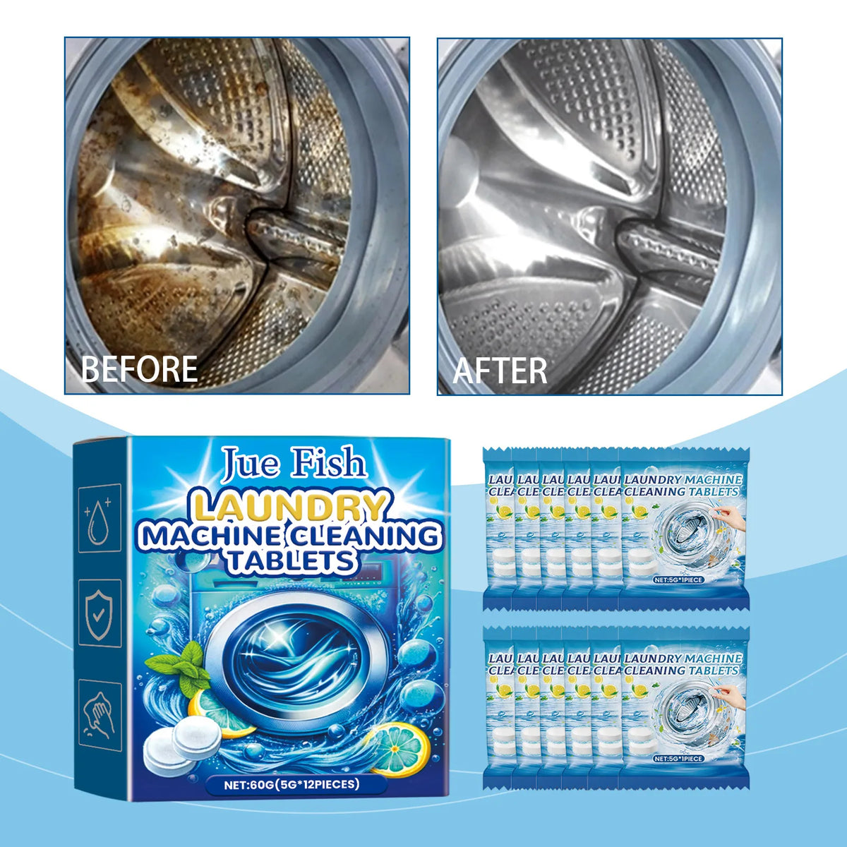 Washing Machine Cleaner Tablets, 12 Effervescent Deep-Cleaning Tablets for Laundry Appliance Odor and Dirt Care - product view 1