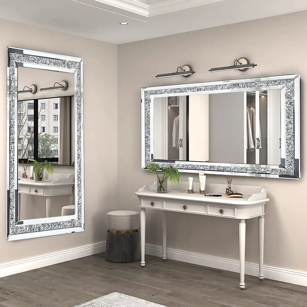 Large Silver Framed Bathroom Mirror, 5 mm HD Glass, Crystal Rhinestone Border, 120 x 60 cm Wall Decor - product view 1