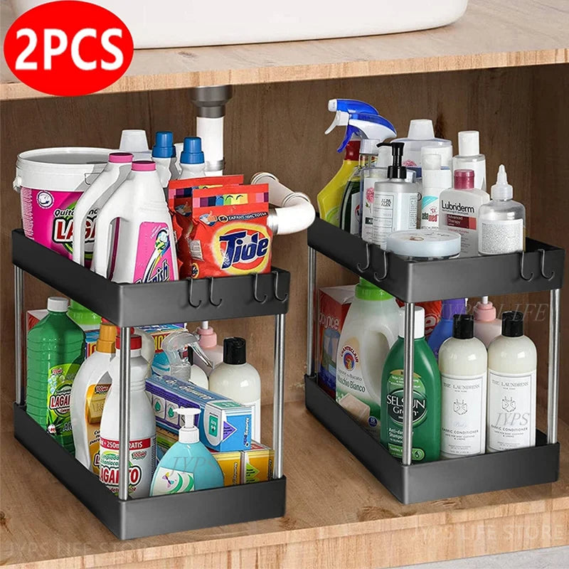 Under Sink Organizer, 2-Tier ABS Storage Rack with Pull-Out Drawer, White or Black, 1-Piece or 2-Piece Set - product view 3