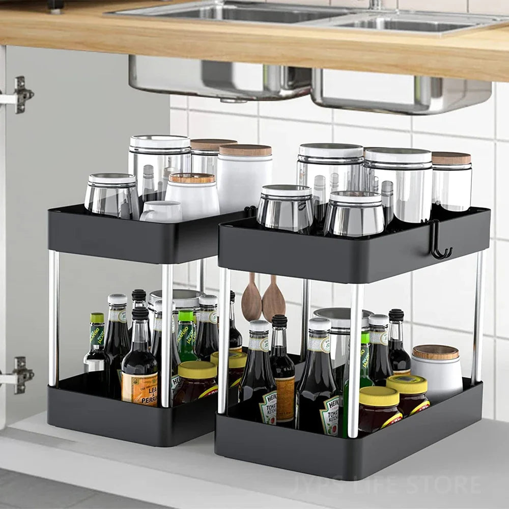 Under Sink Organizer, 2-Tier ABS Storage Rack with Pull-Out Drawer, White or Black, 1-Piece or 2-Piece Set - product view 4