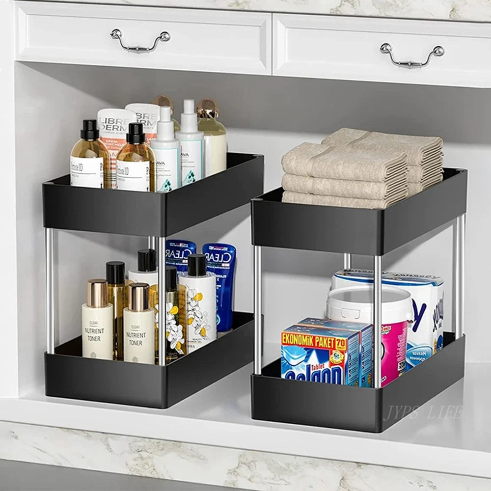 Under Sink Organizer, 2-Tier ABS Storage Rack with Pull-Out Drawer, White or Black, 1-Piece or 2-Piece Set - product view 5