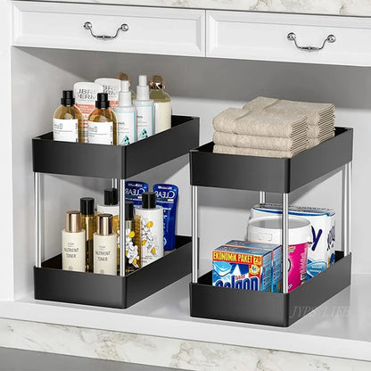 Under Sink Organizer, 2-Tier ABS Storage Rack with Pull-Out Drawer, White or Black, 1-Piece or 2-Piece Set - product view 5