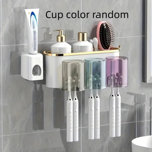 Wall-Mounted Toothbrush Rack and Mug Holder with Toothpaste Squeezer, Plastic Two-, Three- or Four-Person Set - product view 1