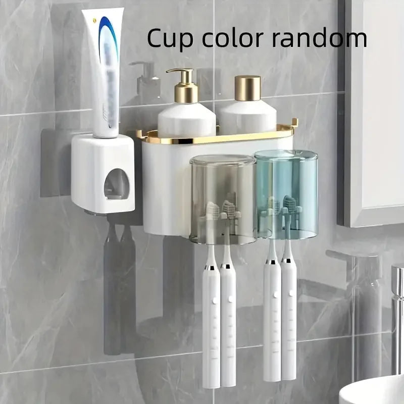Wall-Mounted Toothbrush Rack and Mug Holder with Toothpaste Squeezer, Plastic Two-, Three- or Four-Person Set - product view 2