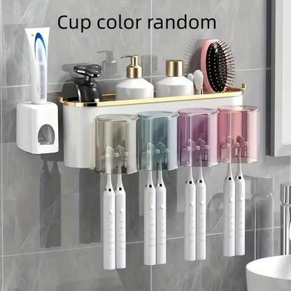 Wall-Mounted Toothbrush Rack and Mug Holder with Toothpaste Squeezer, Plastic Two-, Three- or Four-Person Set - product view 3