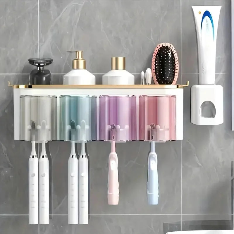 Wall-Mounted Toothbrush Rack and Mug Holder with Toothpaste Squeezer, Plastic Two-, Three- or Four-Person Set - product view 4