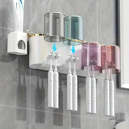 Wall-Mounted Toothbrush Rack and Mug Holder with Toothpaste Squeezer, Plastic Two-, Three- or Four-Person Set - product view 5