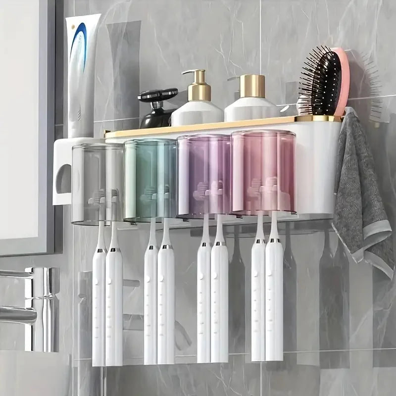 Wall-Mounted Toothbrush Rack and Mug Holder with Toothpaste Squeezer, Plastic Two-, Three- or Four-Person Set - product view 6