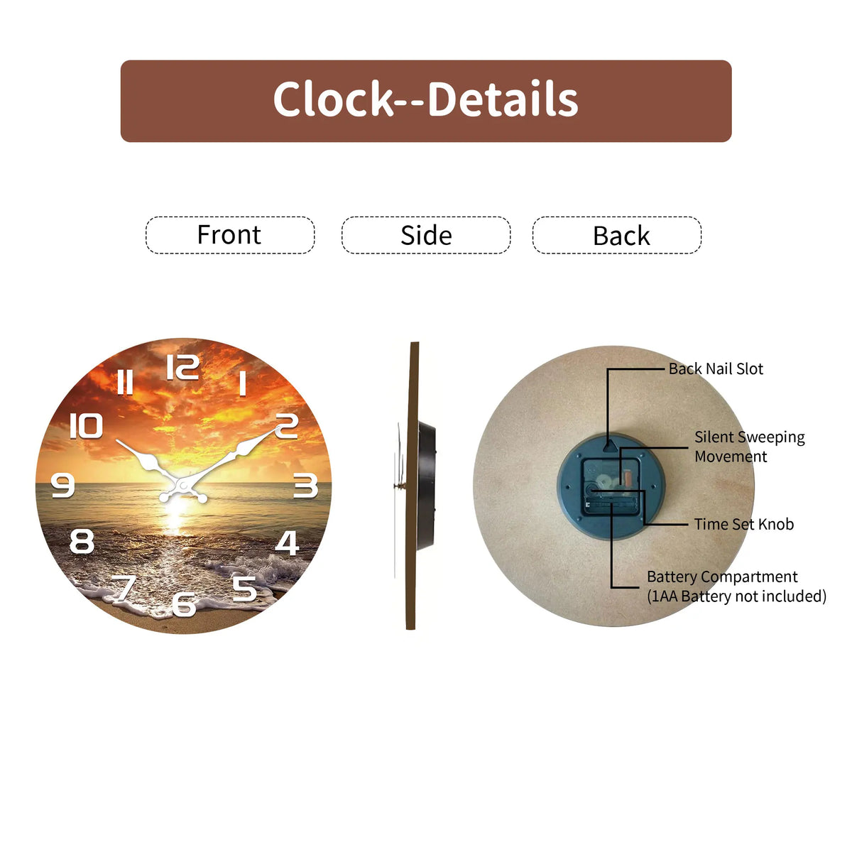 Bamboo and Wood Beach Wall Clock, Circular Silent Quartz Design, 10–16 Inch Size Options for Living Room Décor - product view 6