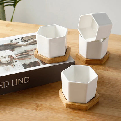 Ceramic Hexagon Planter with Bamboo Tray, Small Succulent Pot for Desk, Tabletop, Windowsill and Indoor Décor - product view 4