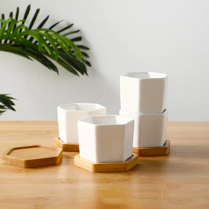 Ceramic Hexagon Planter with Bamboo Tray, Small Succulent Pot for Desk, Tabletop, Windowsill and Indoor Décor - product view 6