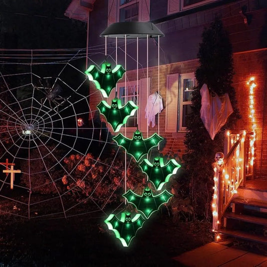 Solar Halloween Bat Wind Chime Light, Green LED Bulbs, Self-Contained Hanging Garden Decor for Outdoor Holiday Display - product view 1