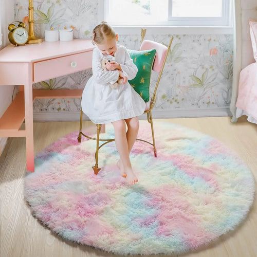 Rainbow Round Shag Rug, Plush Fabric Machine-Made Carpet with PVC Backing, Soft Bedroom and Playroom Décor, 60-160cm - product view 1