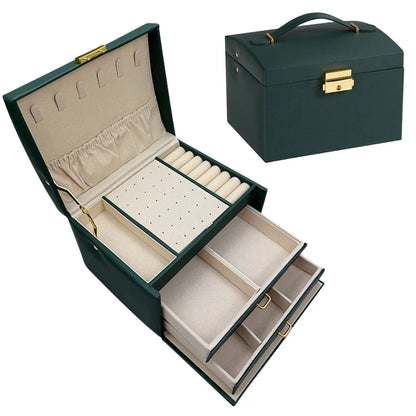 Locking Arch Jewelry Box, Three-Layer Leather Storage Case, 17.5 x 14 x 12.7 cm, Four Color Options - product view 2