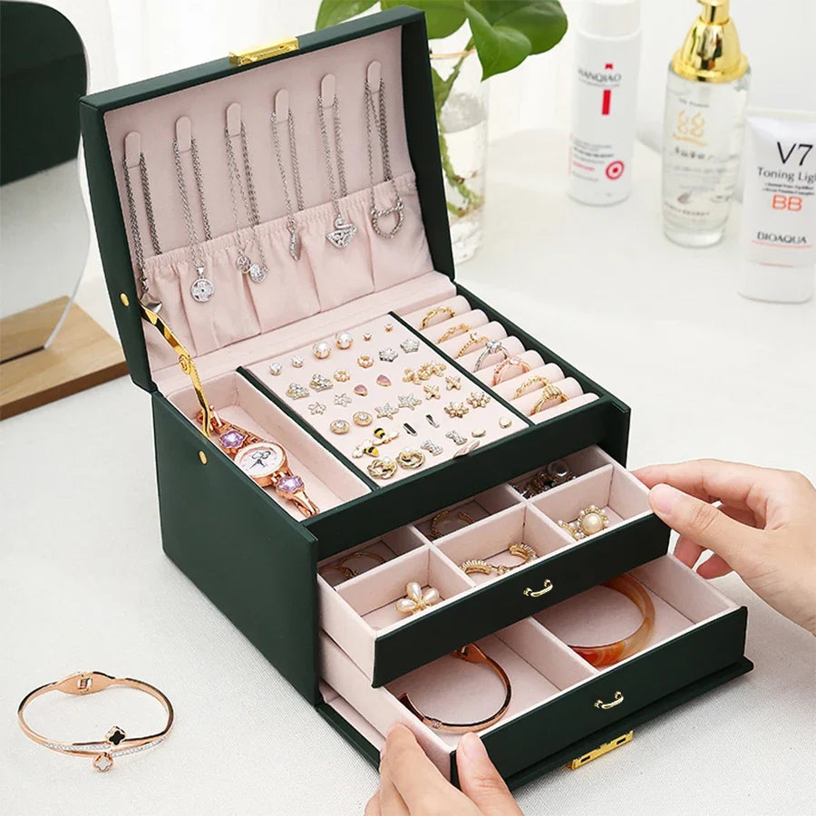 Locking Arch Jewelry Box, Three-Layer Leather Storage Case, 17.5 x 14 x 12.7 cm, Four Color Options - product view 6