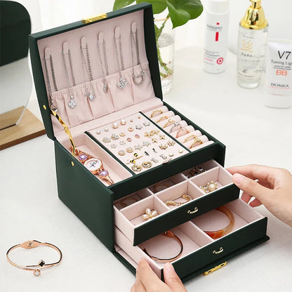 Locking Arch Jewelry Box, Three-Layer Leather Storage Case, 17.5 x 14 x 12.7 cm, Four Color Options - product view 6