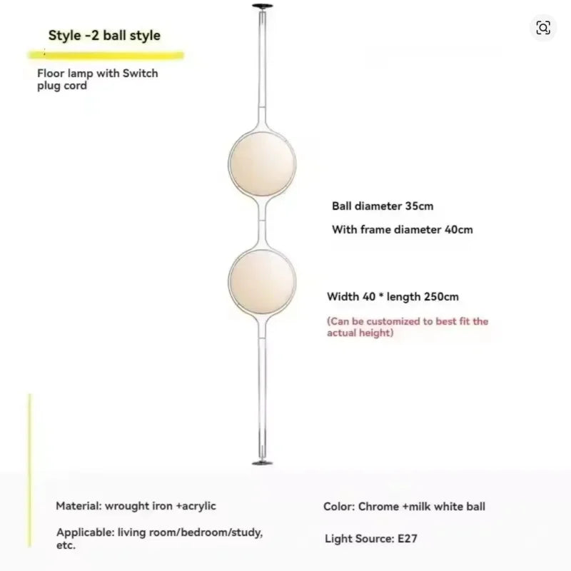 Art Deco Floor Lamp, Chrome-Plated Iron with White Acrylic Ball Shade, E27 Base, 11–15W, Warm or White Light - product view 5