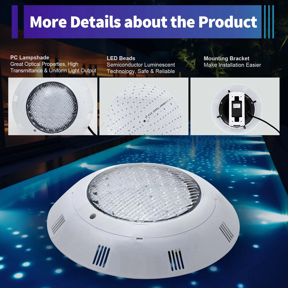 RGB LED Pool Light, 12V AC Underwater Swimming Pool Lamp, 45W, 2500 lm, Remote Control and 11 Changing Modes - product view 4