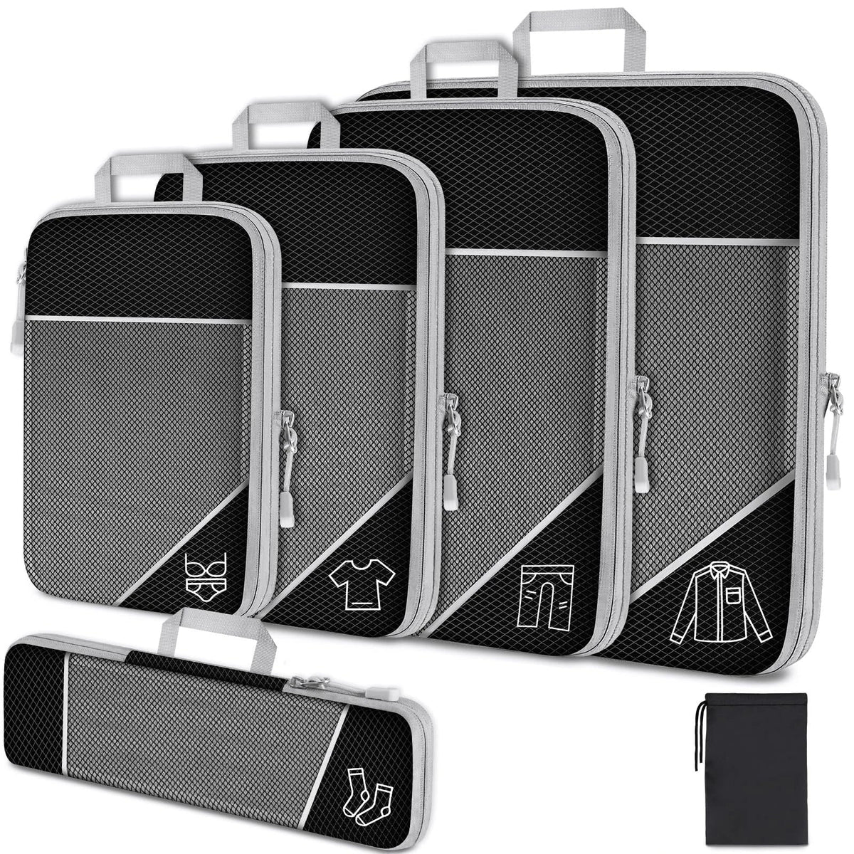 Compression Packing Cubes, Reusable Polyester Travel Organizer Sets, 3-Piece or 6-Piece Options with Mesh Panels for Suitcases - product view 2