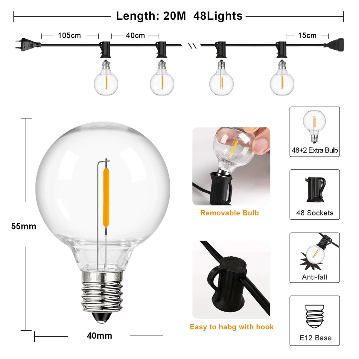 Waterproof String Lights, Warm White G40 Plastic LED Bulbs, E12 Sockets, Connectable Patio Garland with EU or US Plug - product view 3