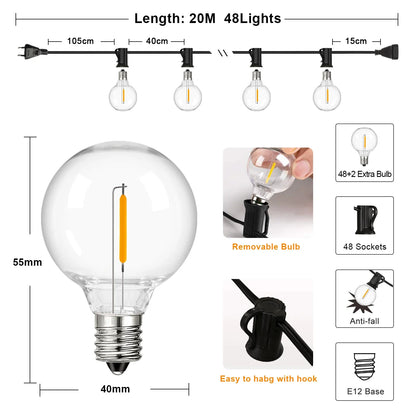 Waterproof String Lights, Warm White G40 Plastic LED Bulbs, E12 Sockets, Connectable Patio Garland with EU or US Plug - product view 3