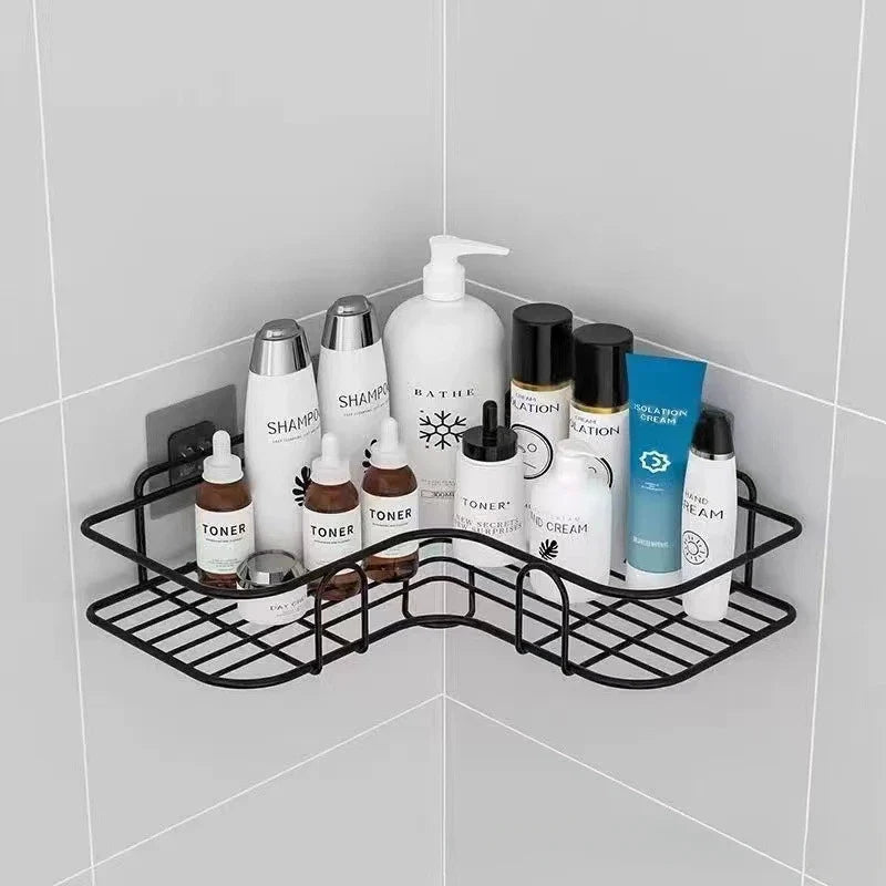 Corner Shower Shelf, No-Drill Wall-Mounted Iron Bathroom Organizer, Drainage Design, Black or White, Triangle or Rectangle - product view 2