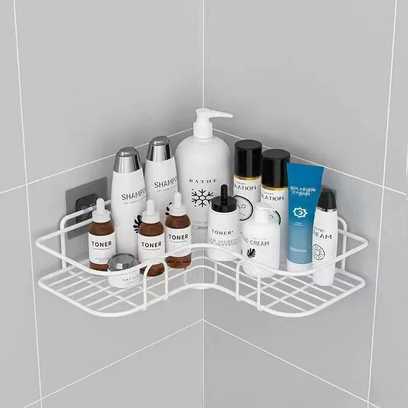 Corner Shower Shelf, No-Drill Wall-Mounted Iron Bathroom Organizer, Drainage Design, Black or White, Triangle or Rectangle - product view 3