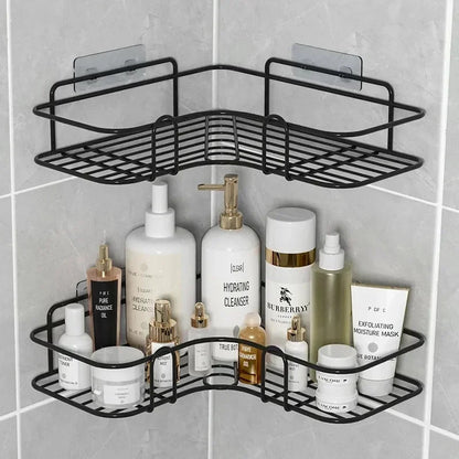 Corner Shower Shelf, No-Drill Wall-Mounted Iron Bathroom Organizer, Drainage Design, Black or White, Triangle or Rectangle - product view 5