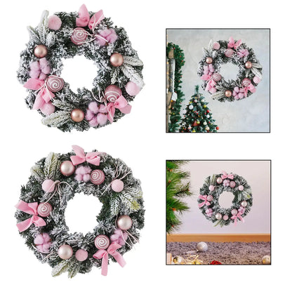 Christmas Wreath Garland, Round PVC Front Door Wall Hanging with Pink Bow, 30 cm or 40 cm Winter Holiday Decor - product view 2