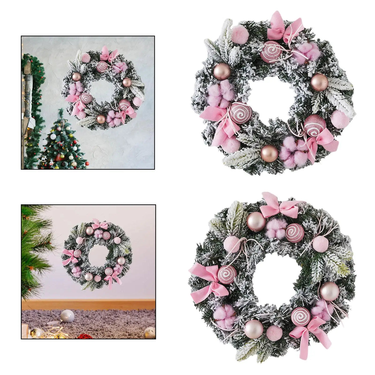 Christmas Wreath Garland, Round PVC Front Door Wall Hanging with Pink Bow, 30 cm or 40 cm Winter Holiday Decor - product view 3