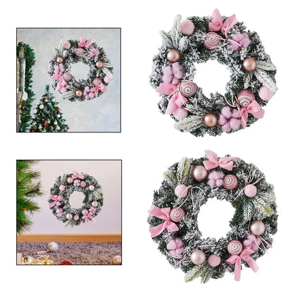 Christmas Wreath Garland, Round PVC Front Door Wall Hanging with Pink Bow, 30 cm or 40 cm Winter Holiday Decor - product view 3