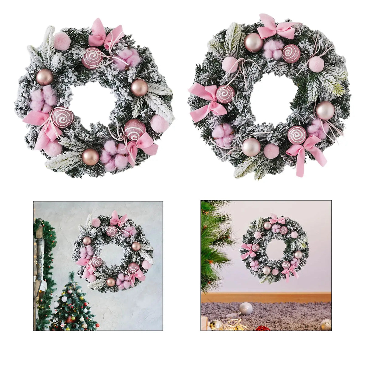 Christmas Wreath Garland, Round PVC Front Door Wall Hanging with Pink Bow, 30 cm or 40 cm Winter Holiday Decor - product view 4