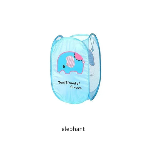 Foldable Clothes Hamper, Nylon Mesh Laundry and Toy Storage Basket, 35 x 27 x 57 cm, Cartoon Elephant and Bear Designs - product view 1
