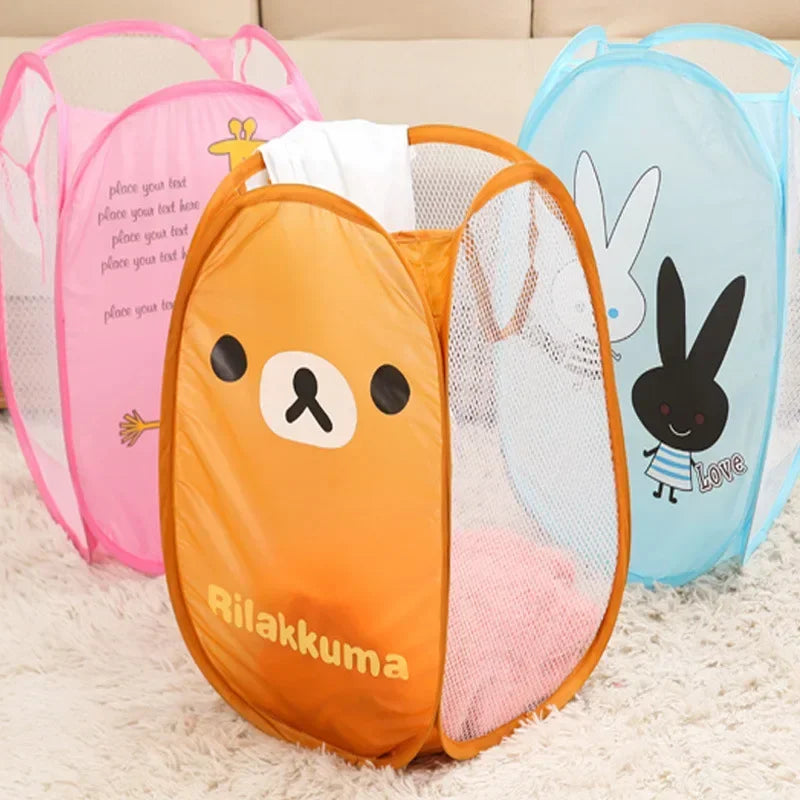 Foldable Clothes Hamper, Nylon Mesh Laundry and Toy Storage Basket, 35 x 27 x 57 cm, Cartoon Elephant and Bear Designs - product view 5