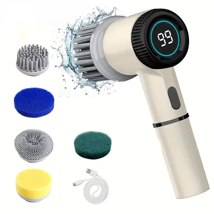 Electric Spin Scrubber, 5 Replaceable Brush Heads, 3-Speed Adjustable Handheld Shower Cleaner in Grey or White - product view 2