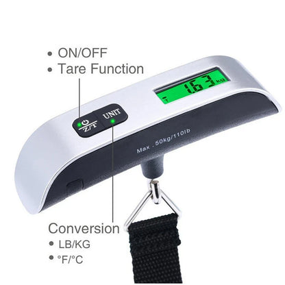 Digital Luggage Scale, 50kg Capacity, 10g Accuracy, Backlit LCD Travel Baggage Weigher with Hook or Webbing Belt - product view 3