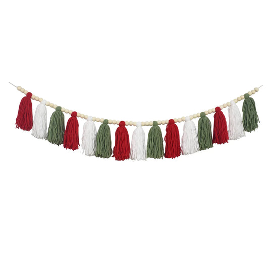 Christmas Wood Bead Garland Set, Tassels and Pom Poms, 47-Inch Bead Garland with 2 Long Ball Strands for Party Décor - product view 1