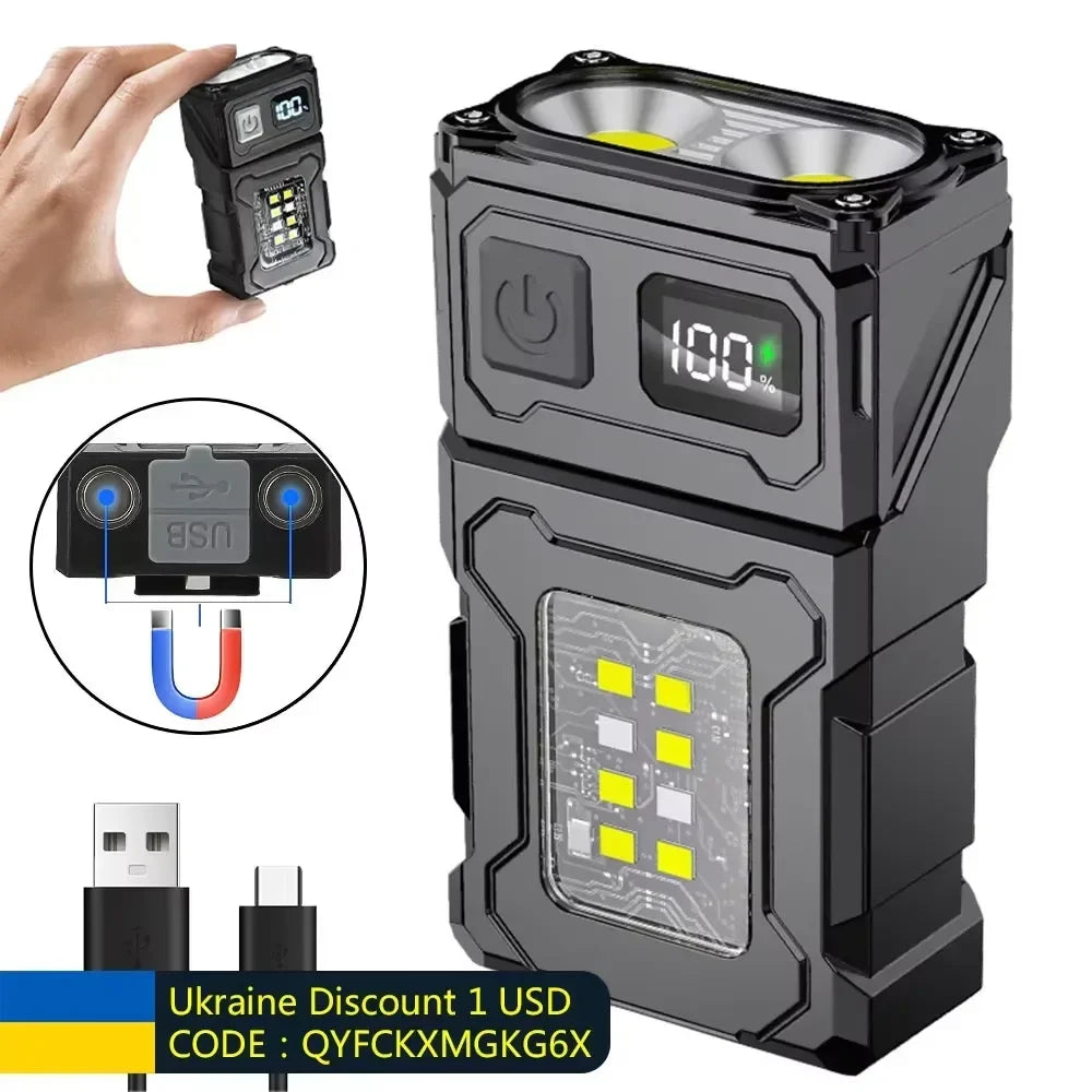 Mini Rechargeable LED Flashlight, COB and LED Light, Magnetic Tail, 180° Rotating Head, USB Power Bank and Work Light - product view 5
