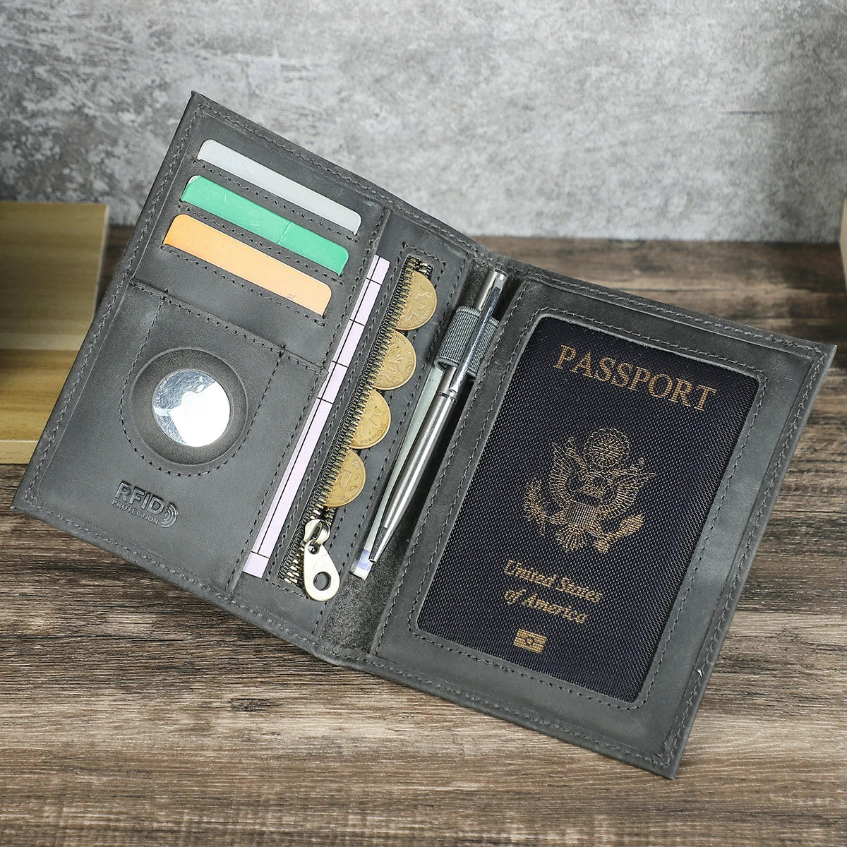Solid Travel Wallet, Passport Card Holder and Coin Purse, Compact Travel Accessory in Army Green, Coffee, Blue, Gray, Red or Camel - product view 4