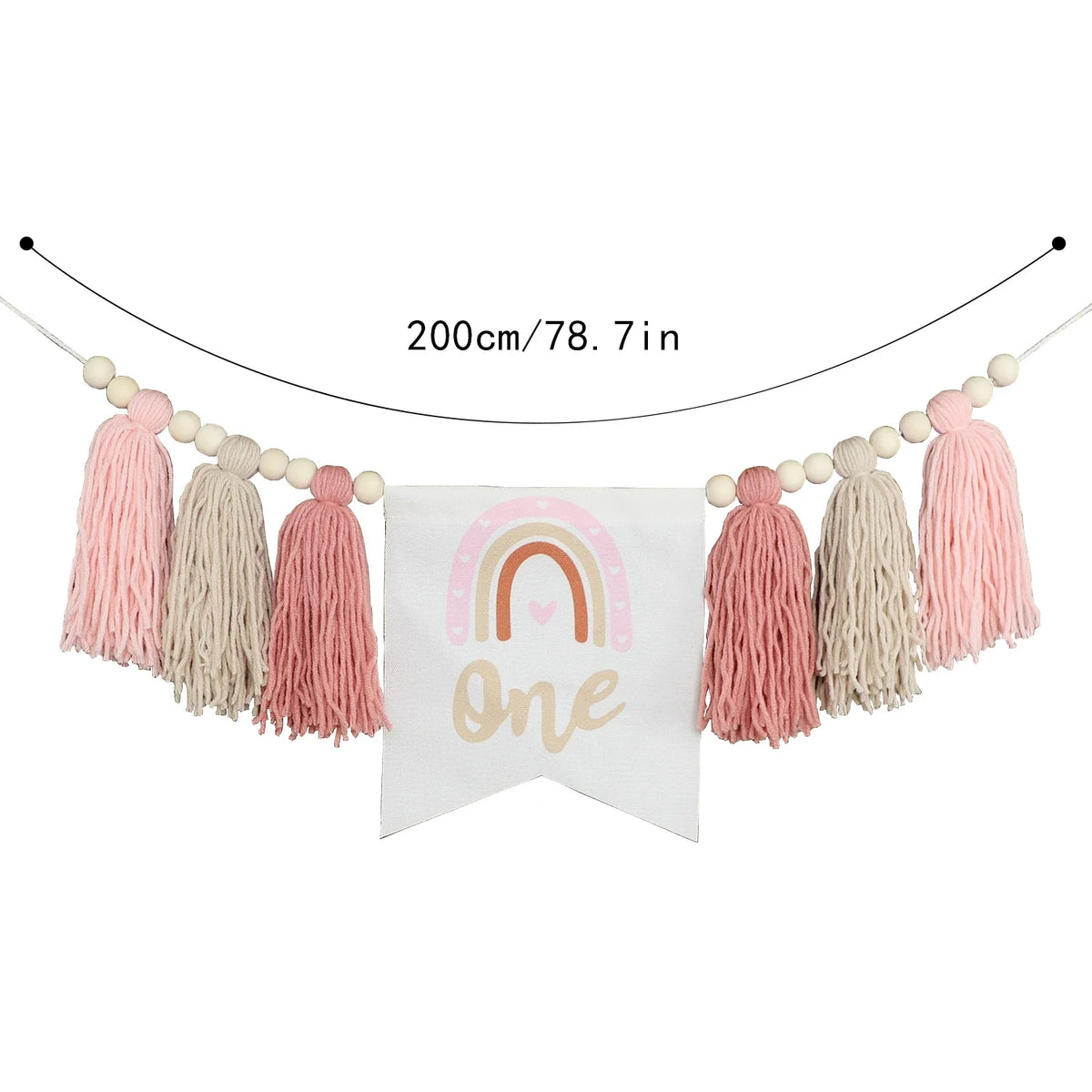 Rainbow 1st Birthday High Chair Banner, Textile Bead and Tassel Garland, Modern Party Decoration in Pink - product view 1