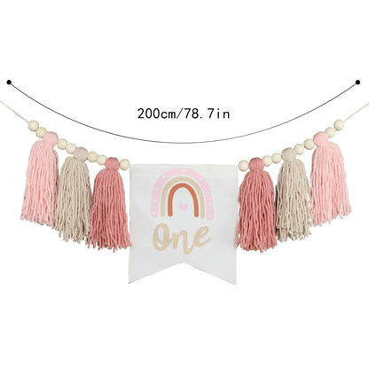Rainbow 1st Birthday High Chair Banner, Textile Bead and Tassel Garland, Modern Party Decoration in Pink - product view 1