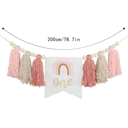 Rainbow 1st Birthday High Chair Banner, Textile Bead and Tassel Garland, Modern Party Decoration in Pink - product view 1