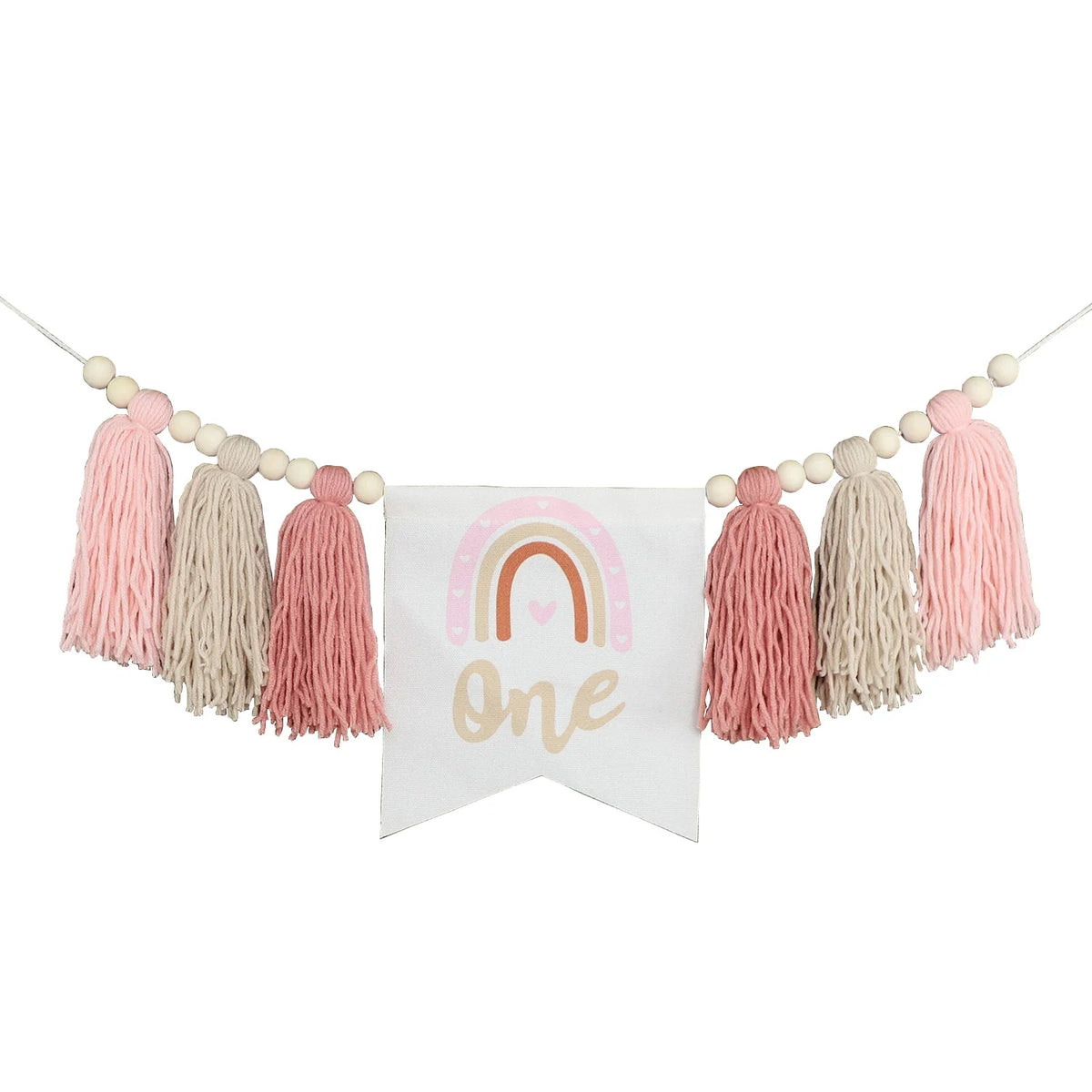 Rainbow 1st Birthday High Chair Banner, Textile Bead and Tassel Garland, Modern Party Decoration in Pink - product view 2