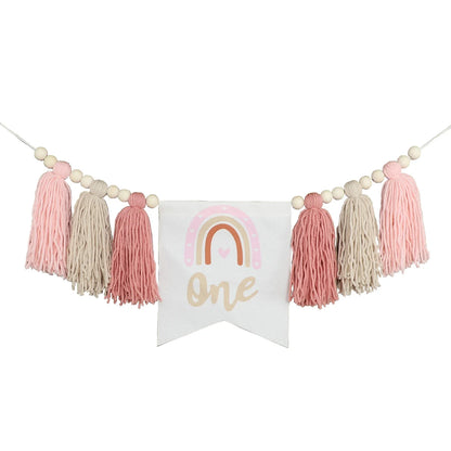 Rainbow 1st Birthday High Chair Banner, Textile Bead and Tassel Garland, Modern Party Decoration in Pink - product view 2