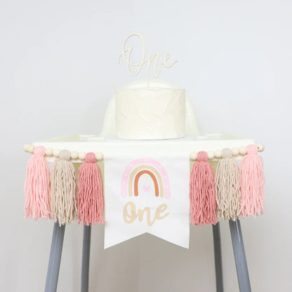 Rainbow 1st Birthday High Chair Banner, Textile Bead and Tassel Garland, Modern Party Decoration in Pink - product view 3