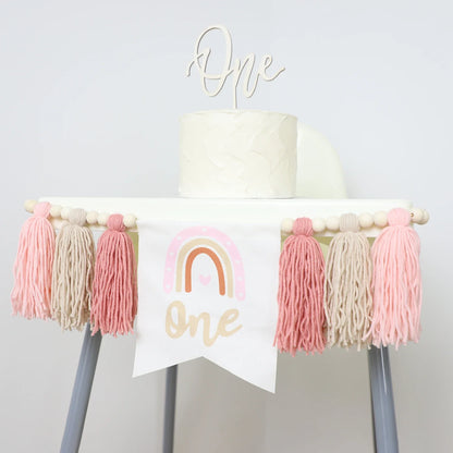Rainbow 1st Birthday High Chair Banner, Textile Bead and Tassel Garland, Modern Party Decoration in Pink - product view 4