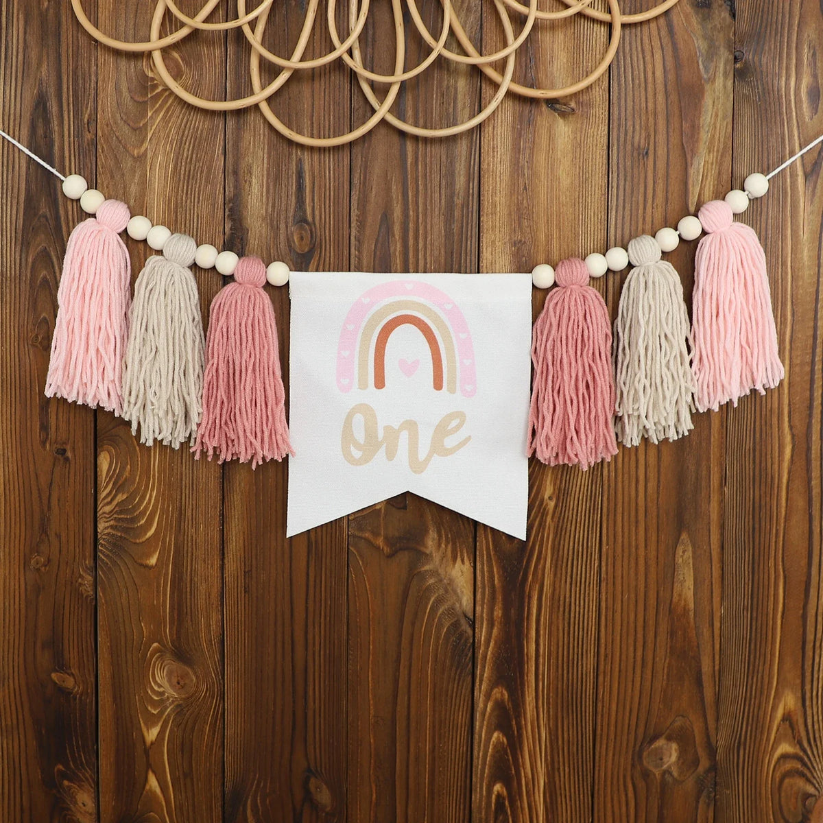 Rainbow 1st Birthday High Chair Banner, Textile Bead and Tassel Garland, Modern Party Decoration in Pink - product view 5