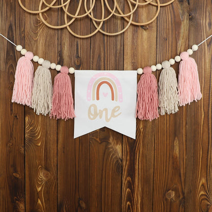 Rainbow 1st Birthday High Chair Banner, Textile Bead and Tassel Garland, Modern Party Decoration in Pink - product view 5